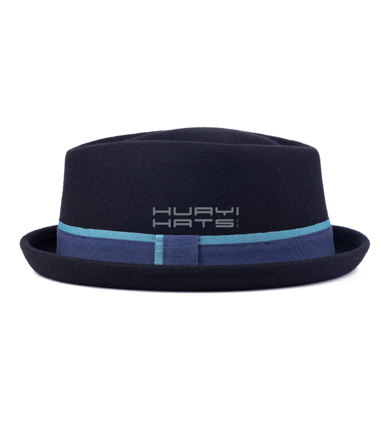 Boys Wool Felt Fedora Hat With Blue Hatband & Short Curled Brim