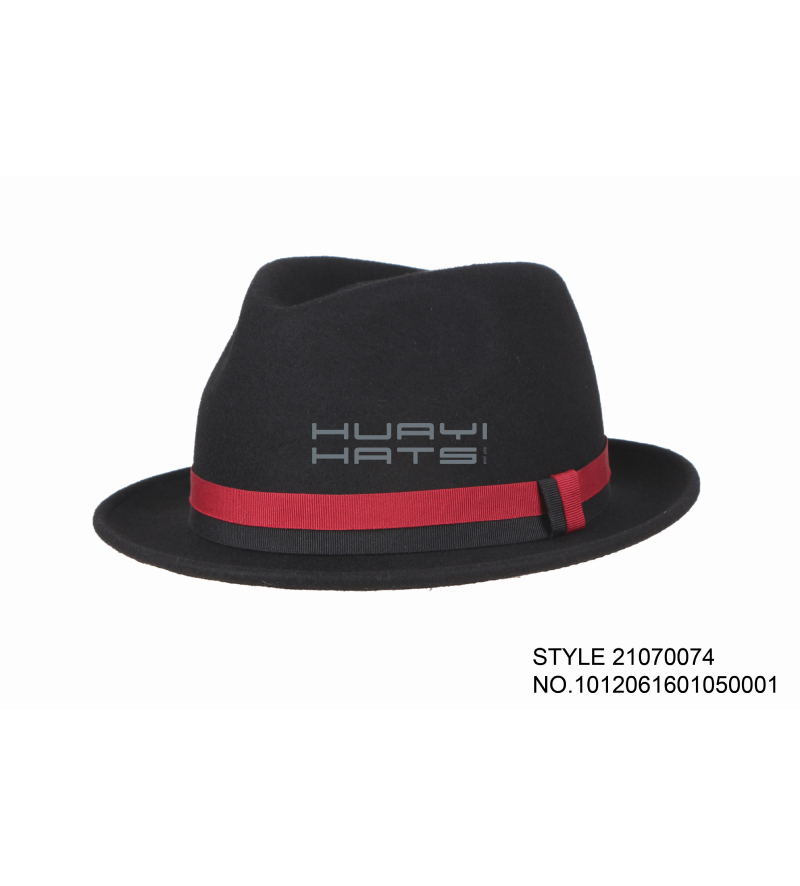 Mens Black Wool Felt Fedora Hat 1.77 Inches Small Brim With Red Hatband