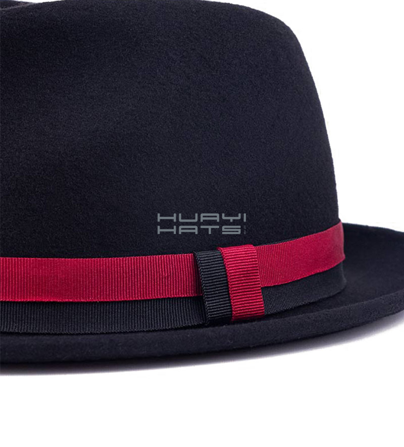 Mens Black Wool Felt Fedora Hat 1.77 Inches Small Brim With Red Hatband 