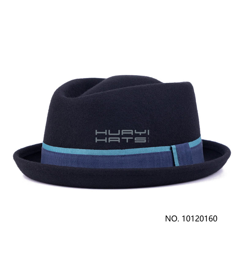 Boys Wool Felt Fedora Hat With Blue Hatband & Short Curled Brim