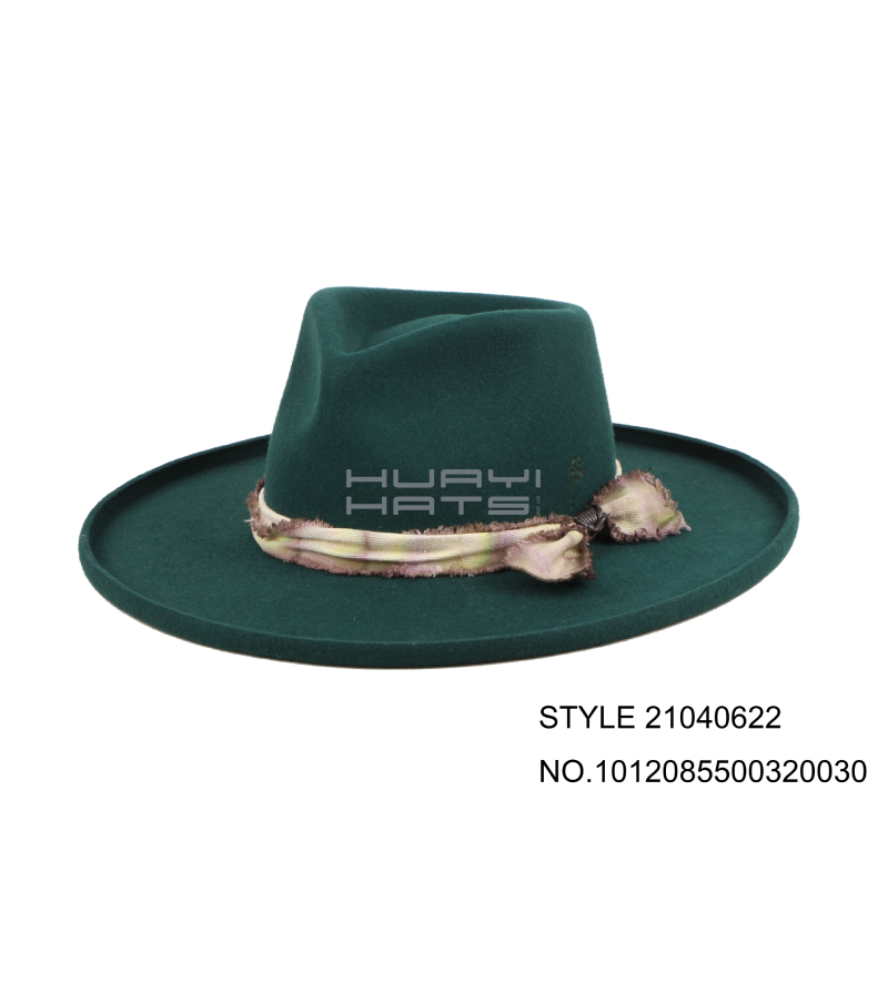 Womens Stiff Wide Brim Wool Felt Fedora Hat Emerald Green Non-removable Hatband