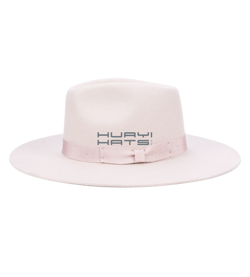 Womens Blush Pink Wool Felt Wide brim Fedora Hat With Pink Hatband