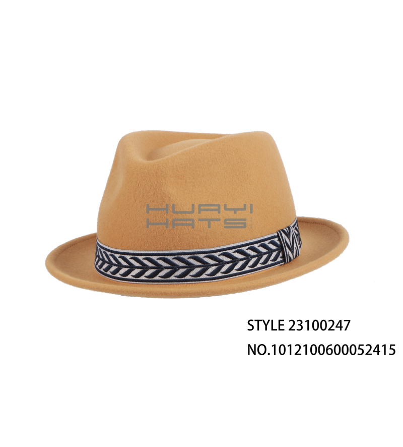 Fashion Mens Short Brim Wool Felt Fedora Hat With Wide Hat Band Customizable