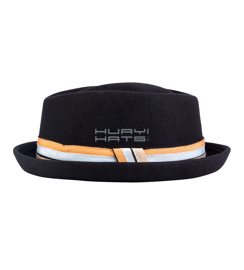 Mens Black Quality Wool Felt Stingy Brim Fedora Hat With Grosgrain Ribbon Adjustable Sweatband