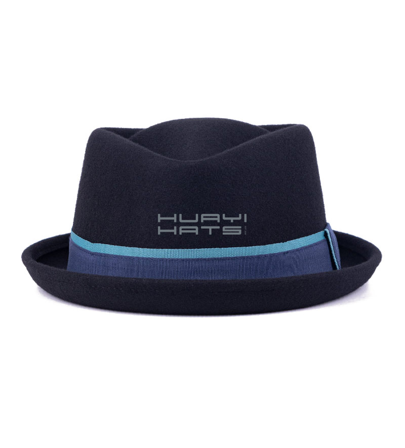 Boys Wool Felt Fedora Hat With Blue Hatband & Short Curled Brim