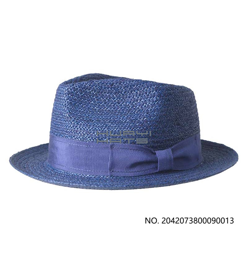 Mens Blue Straw Fedora Hat Short Brim Raffia Braid Straw Hat With Bowknot