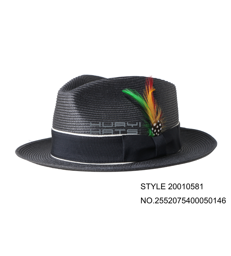 Mens Black Straw Fedora Hat Medium Wide Brim With Feather Street Style 