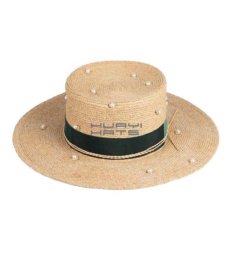 Womens Raffia Braid Straw Boater Hat using Designed With Wide Brim