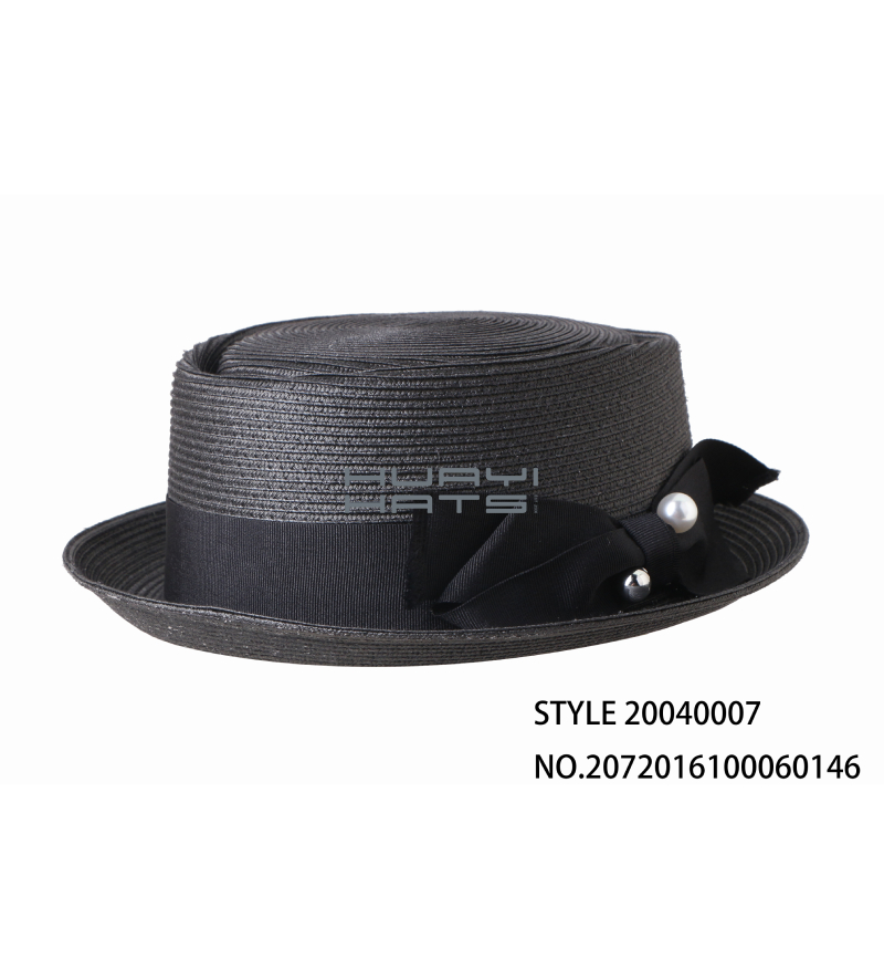 Womens Black Snap Brim Straw Pork Pie Hat With Bowknot PP Straw Braid Material