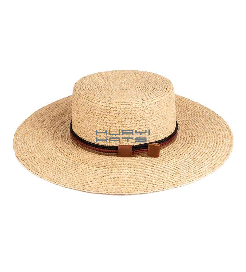 Flat Wide Brim Straw Boater Hat Made Of High Guiality Raffia Braid For Men & Women