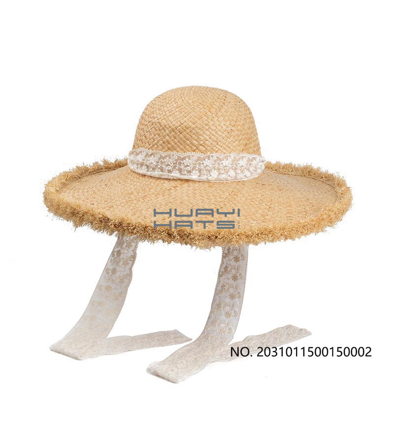 Womens Frayed Cute Straw Floppy Wide Brim Beach Hat With White Ribbon