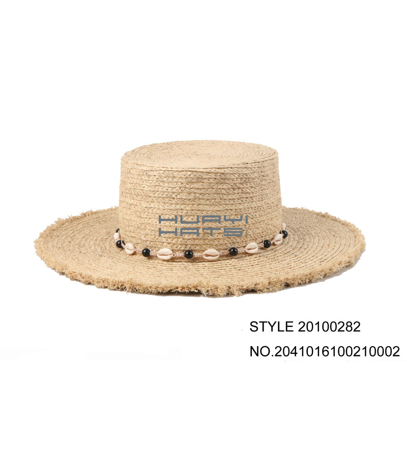 Wide Brim Womens Boater Straw Hat With Natural Raffia Handwoven Braid Straw Flat Top Hat