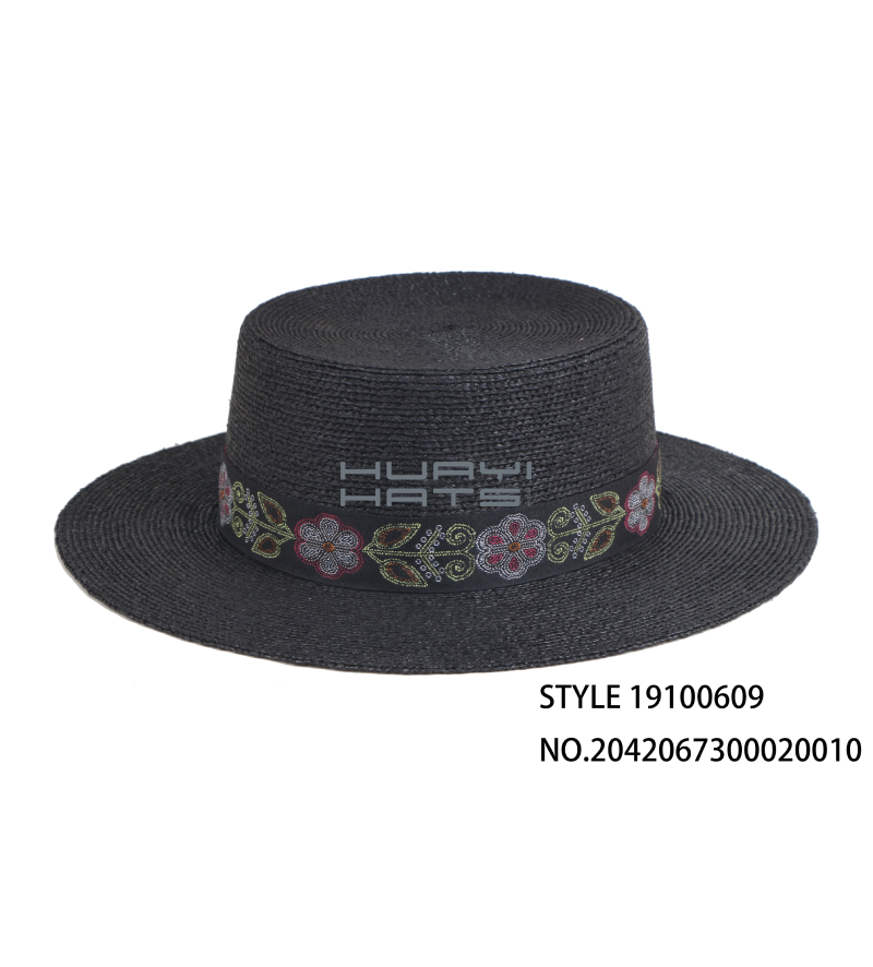 Wide Brim Mens Black Straw Boater Hat Made Raffia Straw Braid With Black Grosgrain Ribbon