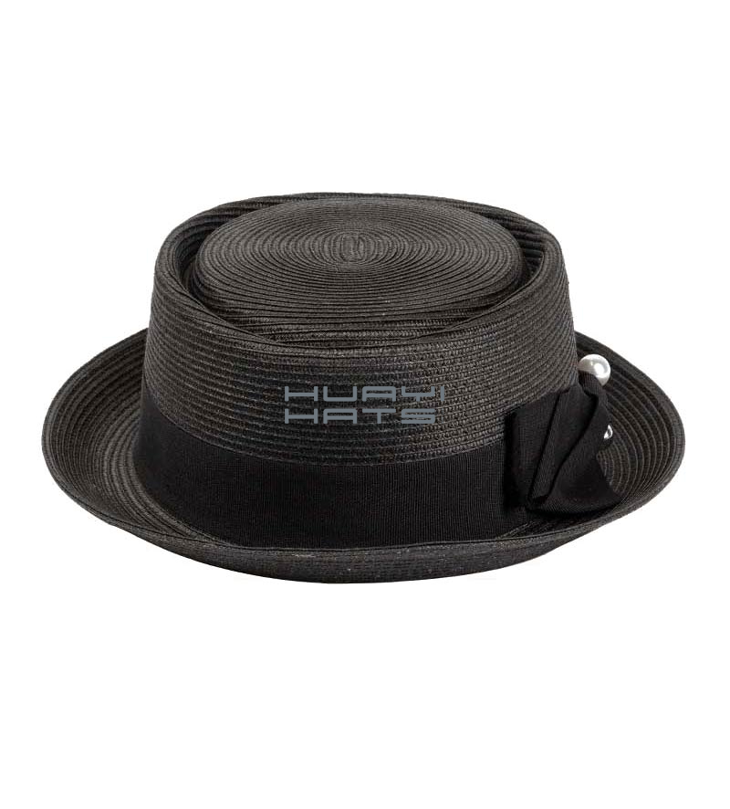 Womens Black Snap Brim Straw Pork Pie Hat With Bowknot PP Straw Braid Material
