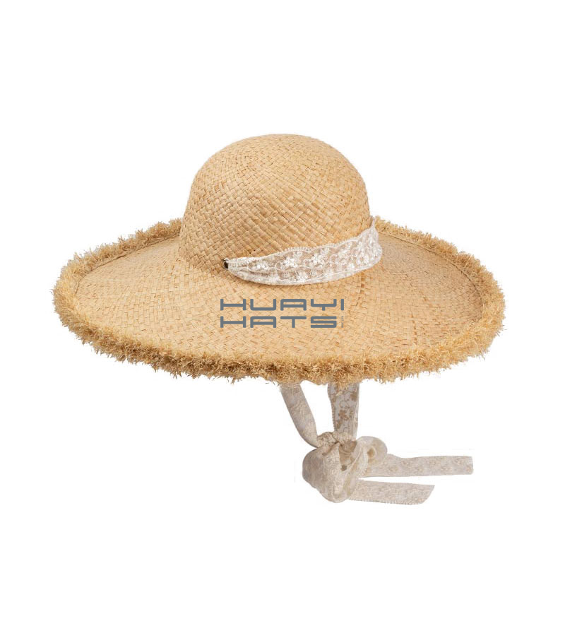 Womens Frayed Cute Straw Floppy Wide Brim Beach Hat With White Ribbon