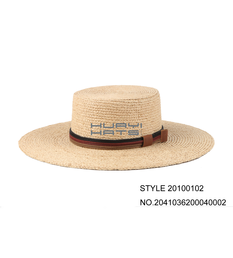 Flat Wide Brim Straw Boater Hat Made Of High Guiality Raffia Braid For Men & Women