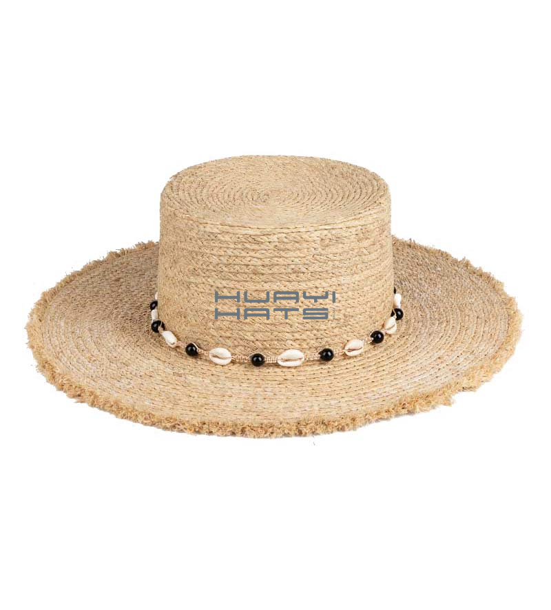 Wide Brim Womens Boater Straw Hat With Natural Raffia Handwoven Braid Straw Flat Top Hat