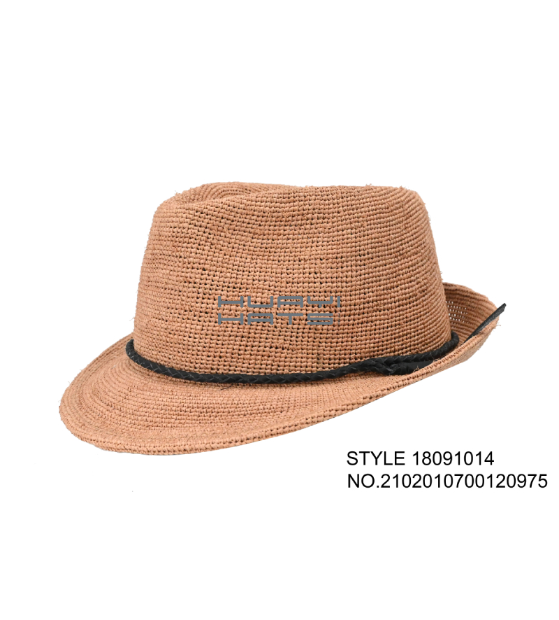 3.5"Up-Turned Brim Womens Straw Trilby Hat Using Raffia Straw Hand Crocheted Customized Size