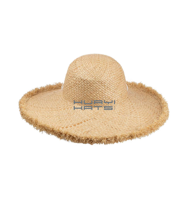 Womens Frayed Cute Straw Floppy Wide Brim Beach Hat With White Ribbon