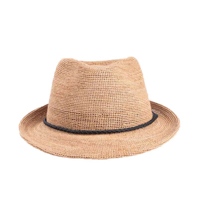 3.5"Up-Turned Brim Womens Straw Trilby Hat Using Raffia Straw Hand Crocheted Customized Size