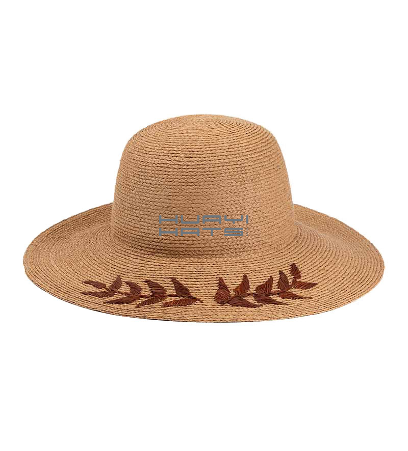 Embroidery Wide Brim Straw Beach Sun Protection Hat Uing Raffia Straw Braid Made