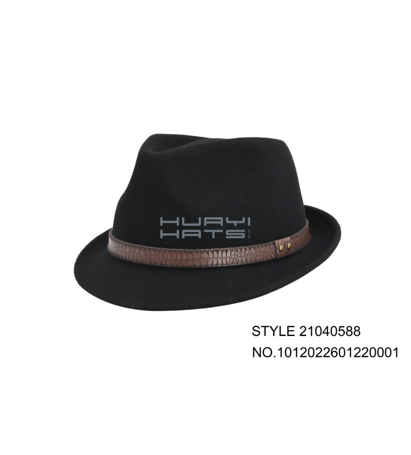 Mens Short Brim Black Wool Felt Trilby Hat With Brown Leather Hatband