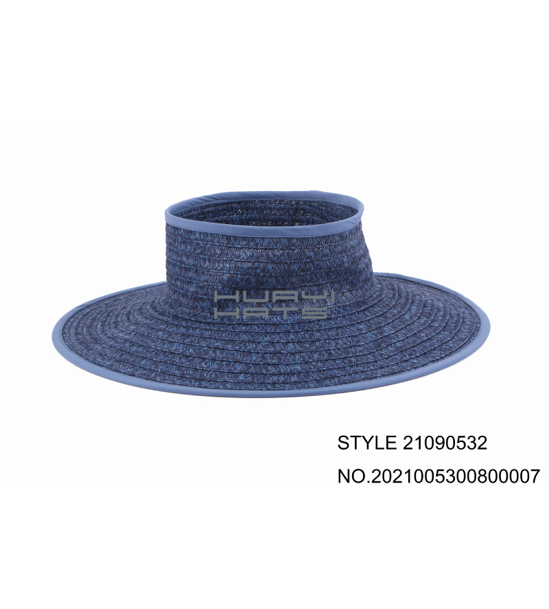 Womens Wide Brim Crownless Straw Sun Visor Hat Blue Paper Braid Material Made