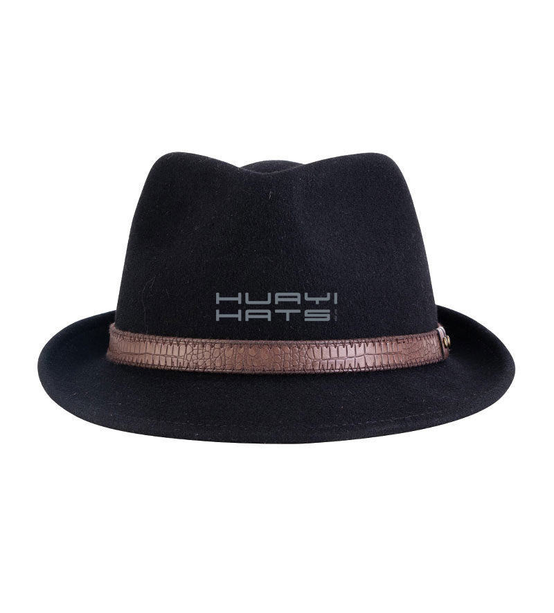 Mens Short Brim Black Wool Felt Trilby Hat With Brown Leather Hatband