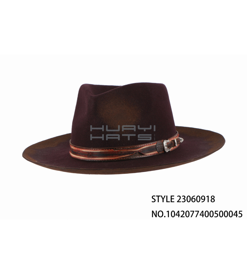 Custom Distressed Brown Mens Raised Brim Wool Felt Fedora Hat With Different Hatbands