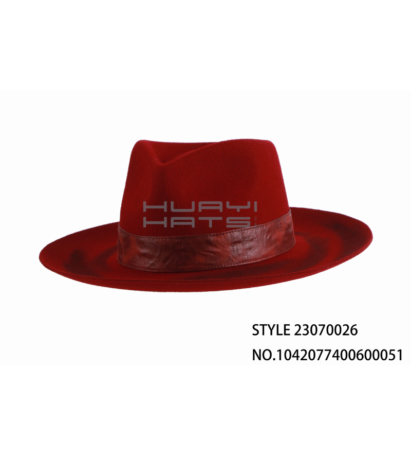 Custom Distressed Red Mens Raised Brim Wool Flet Fedora Hat