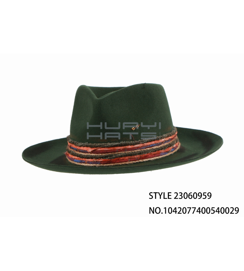 Distressed Green Mens Raised Brim Wool Felt Fedora Hat Customizable Color